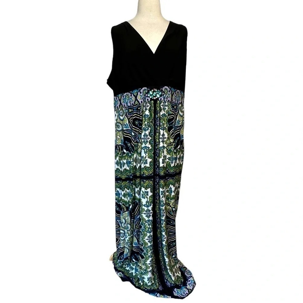 Danny & Nicole Maxi Dress 18W Black Paisley Boho V-Neck Embellished Sleeveless